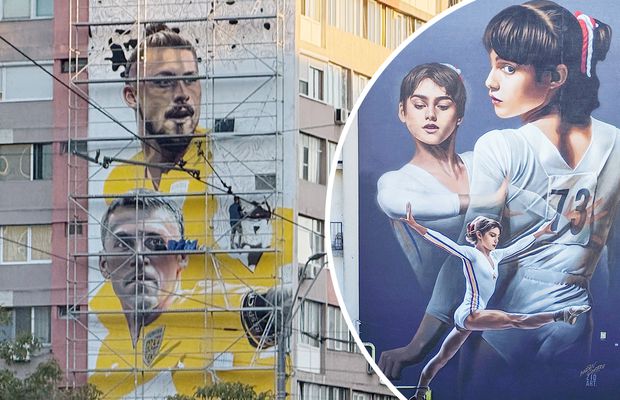 Eroii sportului românesc prind viață pe ziduri: Nicolae Stanciu, Radu Drăgușin și Nadia Comăneci, în picturi murale spectaculoase