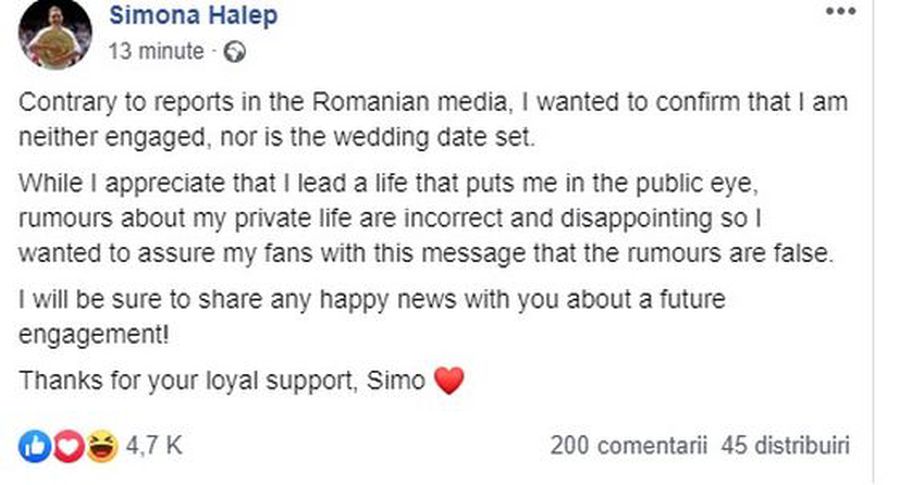 Simona Halep, prima reacție după presupusa petrecere de logodnă: „Sunt dezamăgită”