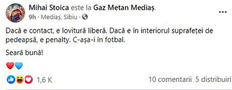 Mihai Stoica s-a pronunțat sec, pe Facebook, la faza penalty-ului de la Mediaș: „Acum e clar? Seară bună!”