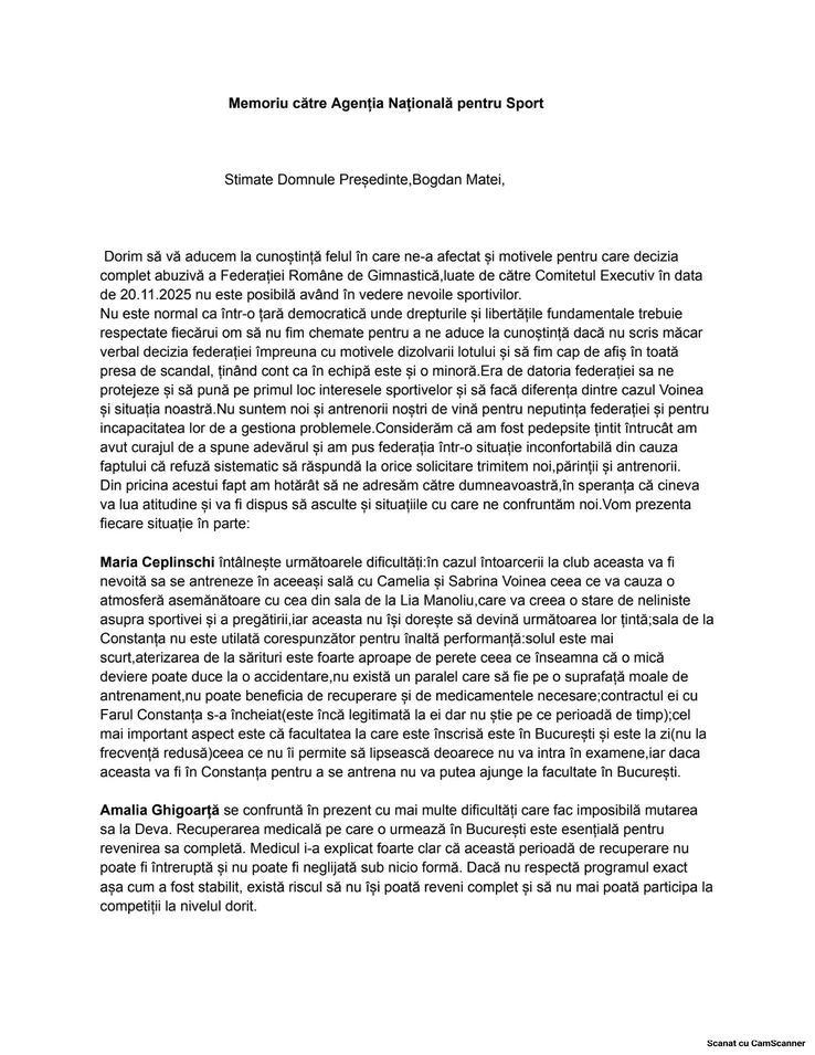 Memoriu către Agenția Națională pentru Sport