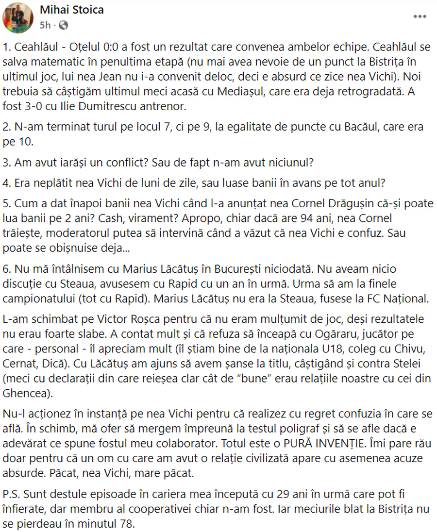 Captură Facebook Mihai Stoica Captură Facebook Mihai Stoica