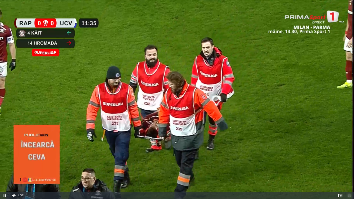 Clipe de panică în Giulești: titularul Rapidului a părăsit terenul pe targă, cu guler cervical