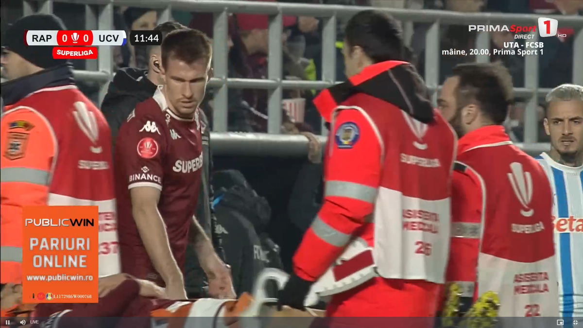 Clipe de panică în Giulești: titularul Rapidului a părăsit terenul pe targă, cu guler cervical