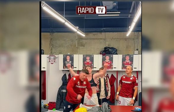 Imagini tari din vestiarul Rapidului, după victoria cu Universitatea Craiova » Moldovan și Angelescu au cântat cot la cot cu jucătorii