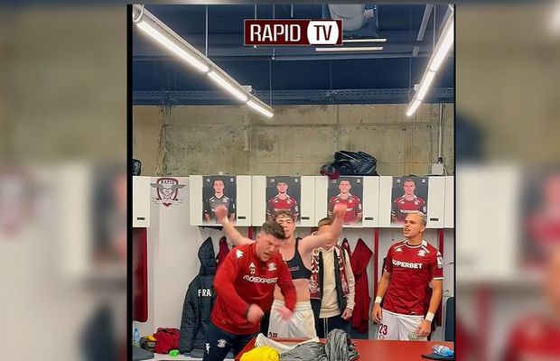 Imagini tari din vestiarul Rapidului, după victoria cu Universitatea Craiova » Moldovan și Angelescu au cântat cot la cot cu jucătorii