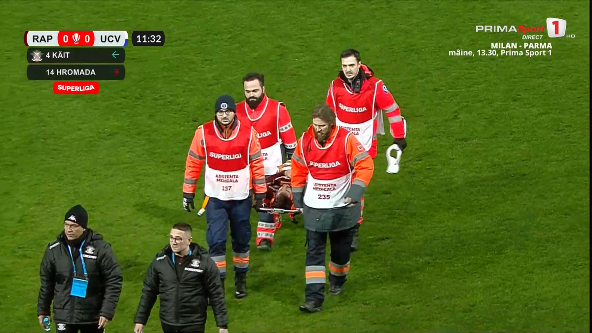 Clipe de panică în Giulești: titularul Rapidului a părăsit terenul pe targă, cu guler cervical