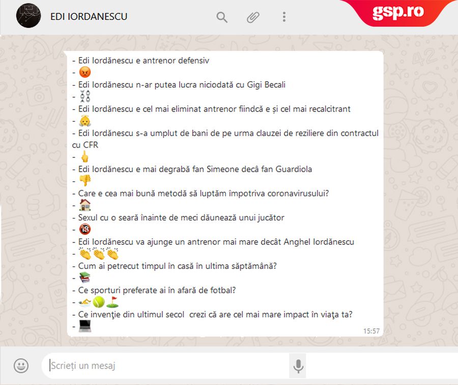 WhatsApp Q&A » Edi Iordănescu intră în provocarea GSP: cum răspunde cu un emoticon la întrebări și afirmații inedite