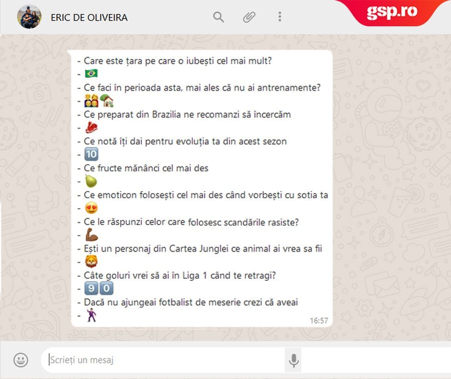 WhatsApp Q&A » Eric de Oliveira intră în provocarea GSP: cum răspunde cu un emoticon la întrebări și afirmații inedite