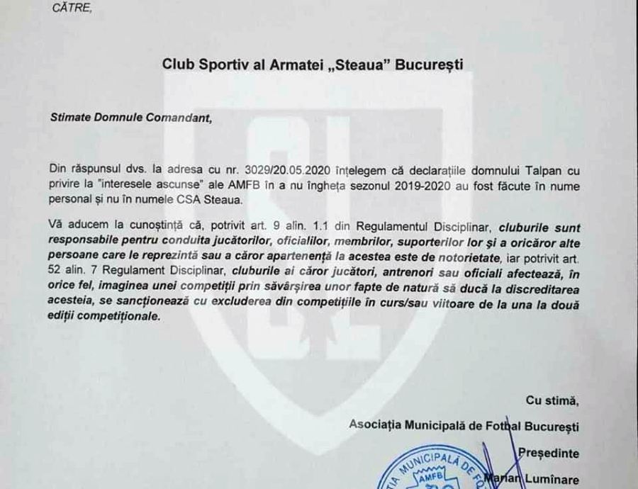 Steaua, amenințată cu excluderea din campionat din cauza declarațiilor lui Talpan! Documentul EXPLOZIV trimis de AMFB