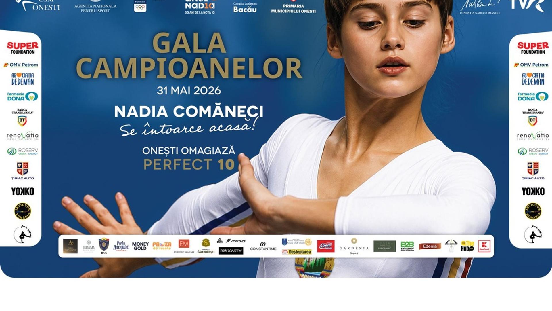 Nadia Comăneci și alte campioane la Gala Campioanelor pe Stadionul Carom din Onești, în cadrul evenimentului sportiv aniversar | sursa foto: Gazeta Sporturilor