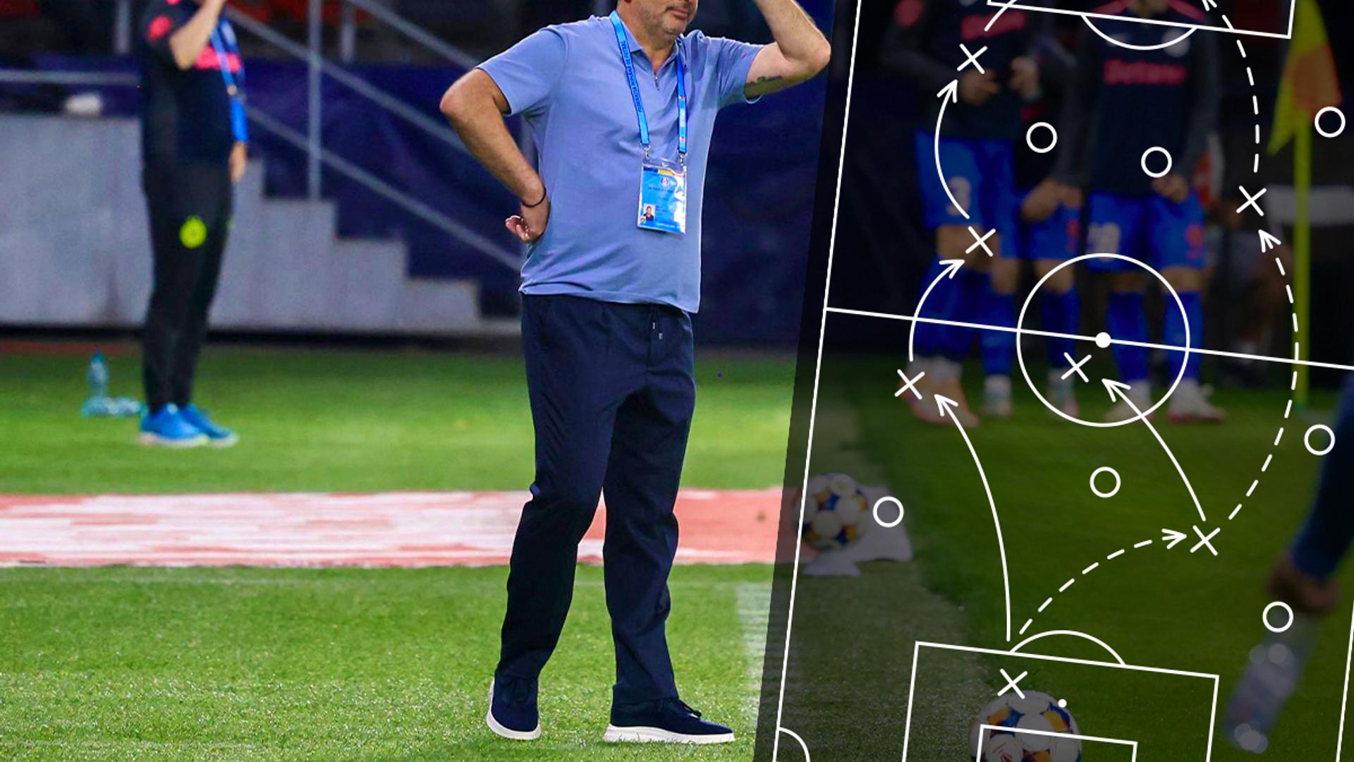 FCSB în sistem 4-3-3 aplicând pressing agresiv și tranziții rapide în timpul unui meci intens cu FC Botoșani, cu jucători în mișcare ofensivă. | sursa foto: Gazeta Sporturilor