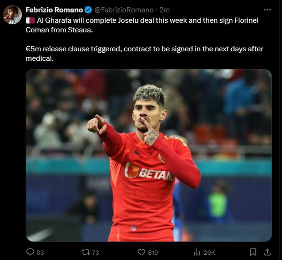 Fabrizio Romano anunță transferul lui Florinel Coman: „L-au luat de la Steaua”