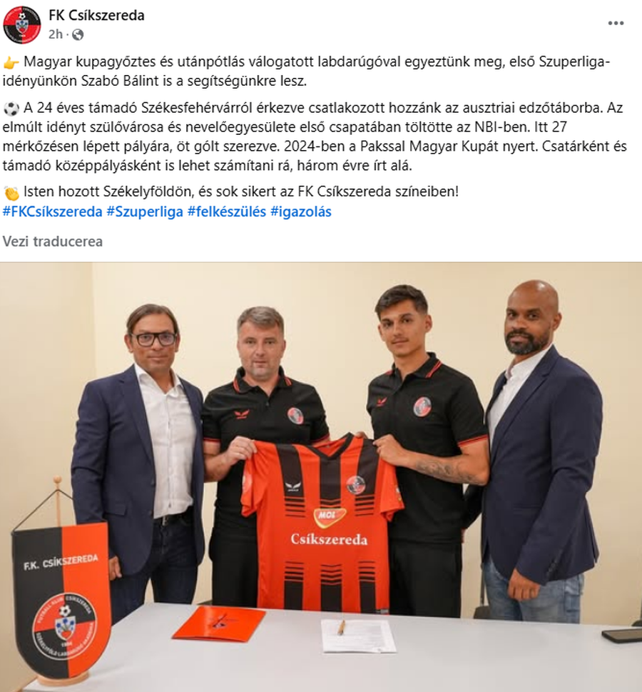 Csikszereda a anunțat la ora 08:00 aducerea lui Szabo Balint Promovată de o lună în Superligă, Csikszereda continuă să comunice doar în maghiară. Cum explică șeful clubului, chestionat azi de GSP
