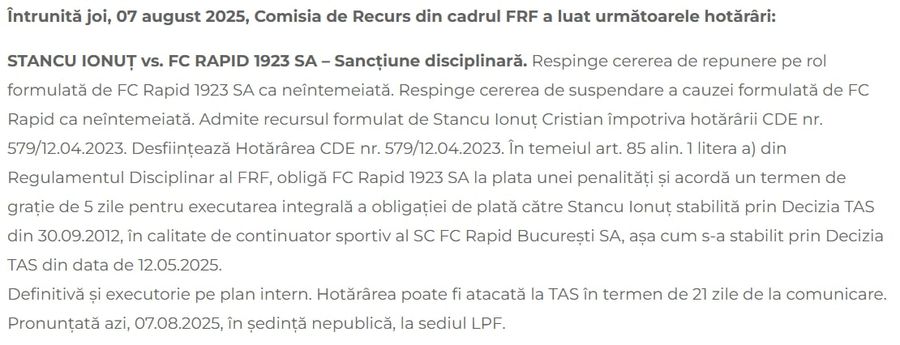 Captură de pe portalul LPF, cu decizia adoptată împotriva Rapidului de Comisia de Recurs, pe 7 august Rapid tremură: la un pas de depunctare și blocarea transferurilor, risc de excludere! » Comisia de Disciplină are miercuri pe masă dosarul care pune pe jar Giuleștiul
