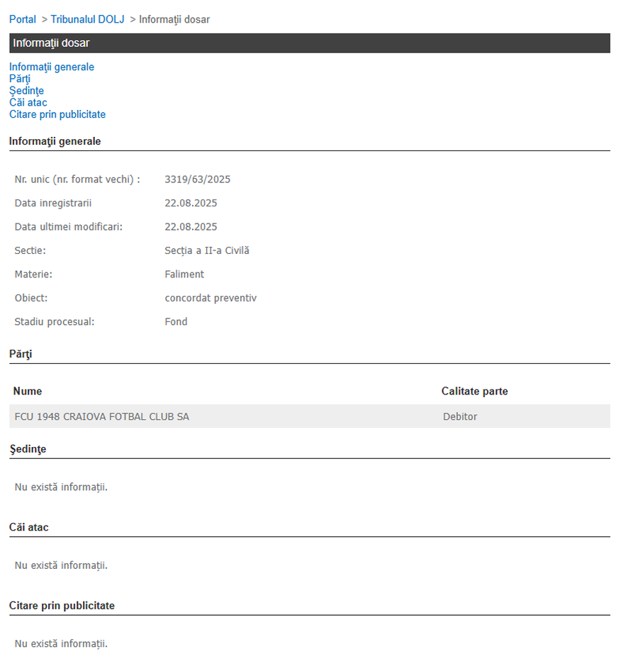 Cerere FCU Craiova / foto: portal.just.ro Asta e ultima! Adrian Mititelu apelează la o măsură disperată pentru ca FCU Craiova să scape de excludere pe 3 septembrie