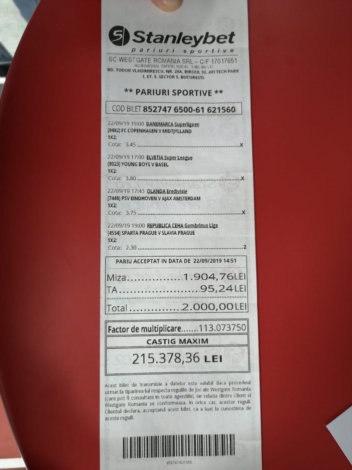 A câștigat 215.378,36 lei pe un bilet cu patru meciuri