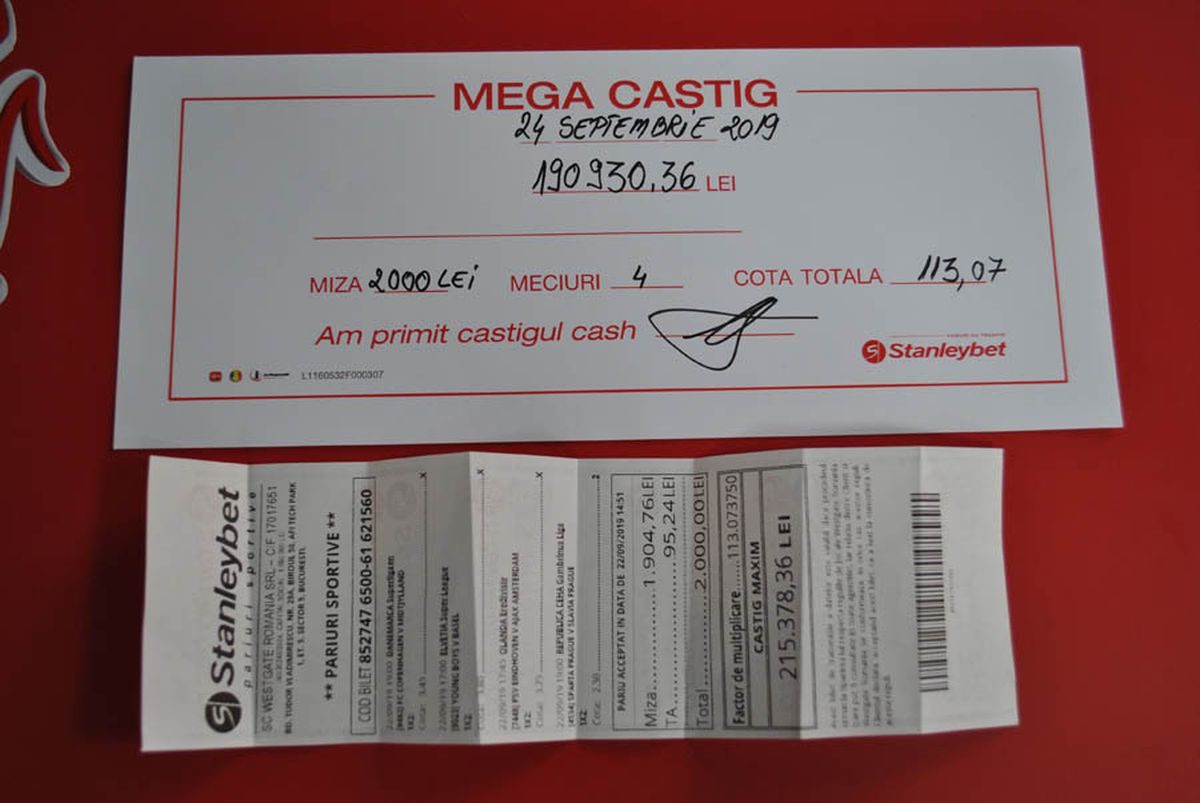 A câștigat 215.378,36 lei pe un bilet cu patru meciuri