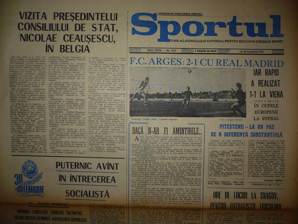 RETRO: 50 de ani de când FC Argeș dobora colosul Real Madrid în Trivale