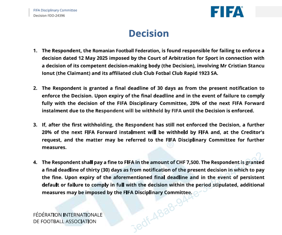 Pasajul din decizia Comisiei de Disciplină FIFA care indică sancțiunile dictate împotriva FRF pentru refuzul de a implementa decizia TAS în „dosarul I. Stancu - Rapid” Premieră incredibilă: FRF amendată de FIFA pentru că a refuzat să pună în aplicare o decizie TAS împotriva Rapidului! + Federația se opune discutării cazului în Comitetul Executiv