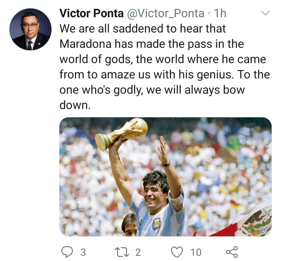 FOTO Victor Ponta a plagiat și mesajul de adio pentru Diego Maradona » Internetul nu l-a iertat