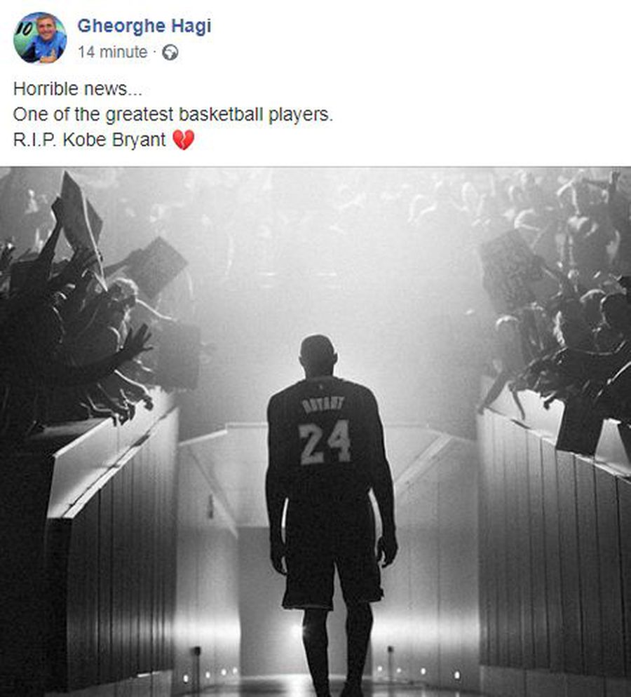 Kobe Bryant a murit! Gică Hagi, mesaj pe Facebook după aflarea teribilei vești