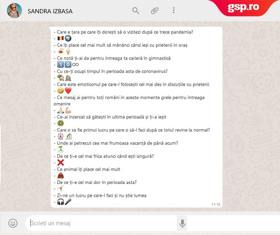 WhatsApp Q&A » Sandra Izbașa intră în provocarea GSP: cum răspunde cu un emoticon la întrebări și afirmații inedite