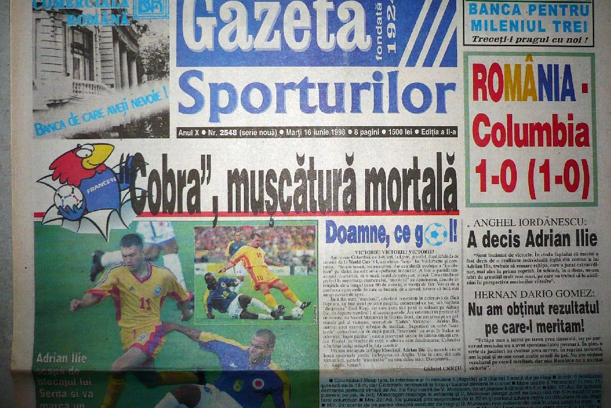 „Sunt puternici acești români” » Ce scria presa din România după ce „tricolorii” au învins Columbia în '98. Editorial critic al lui Păunescu: „Naționala a luptat mai degrabă cu compatrioții”
