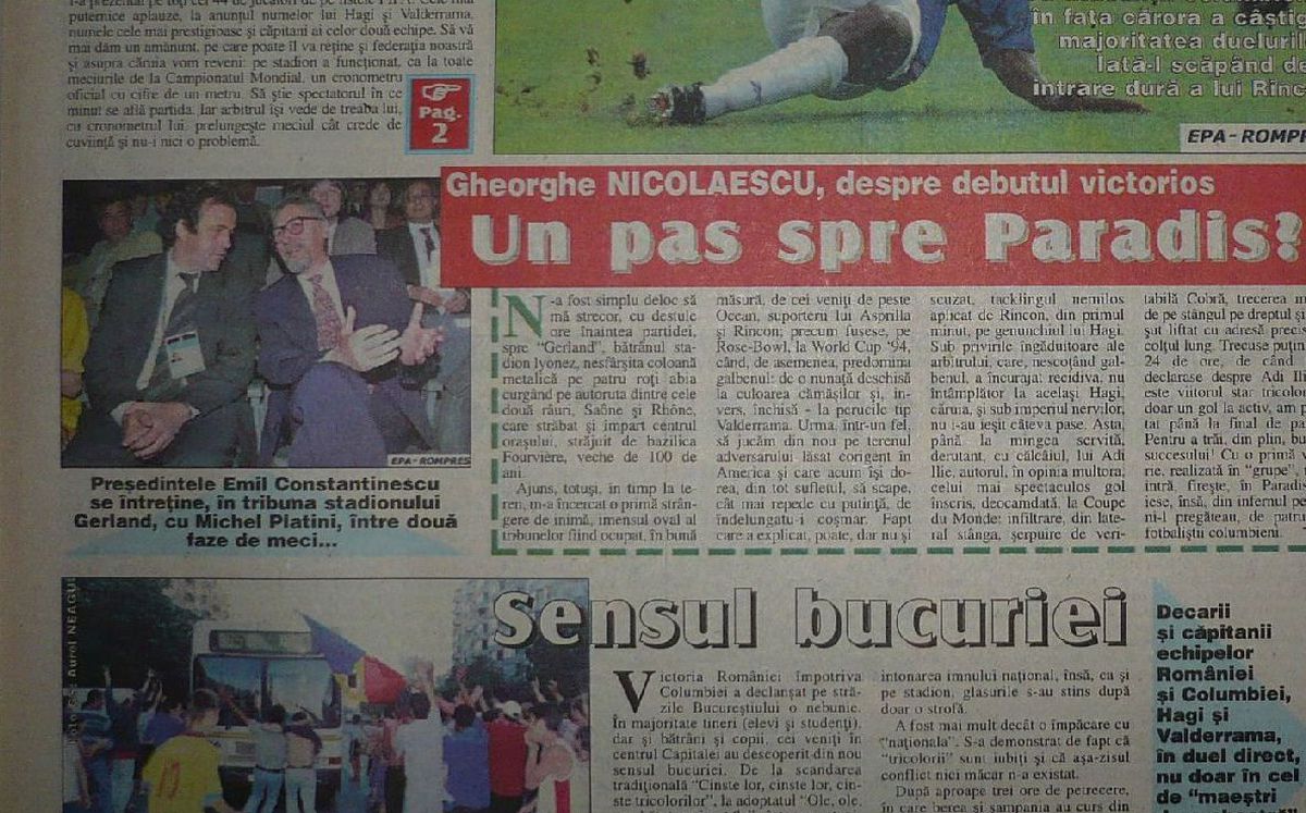 „Sunt puternici acești români” » Ce scria presa din România după ce „tricolorii” au învins Columbia în '98. Editorial critic al lui Păunescu: „Naționala a luptat mai degrabă cu compatrioții”
