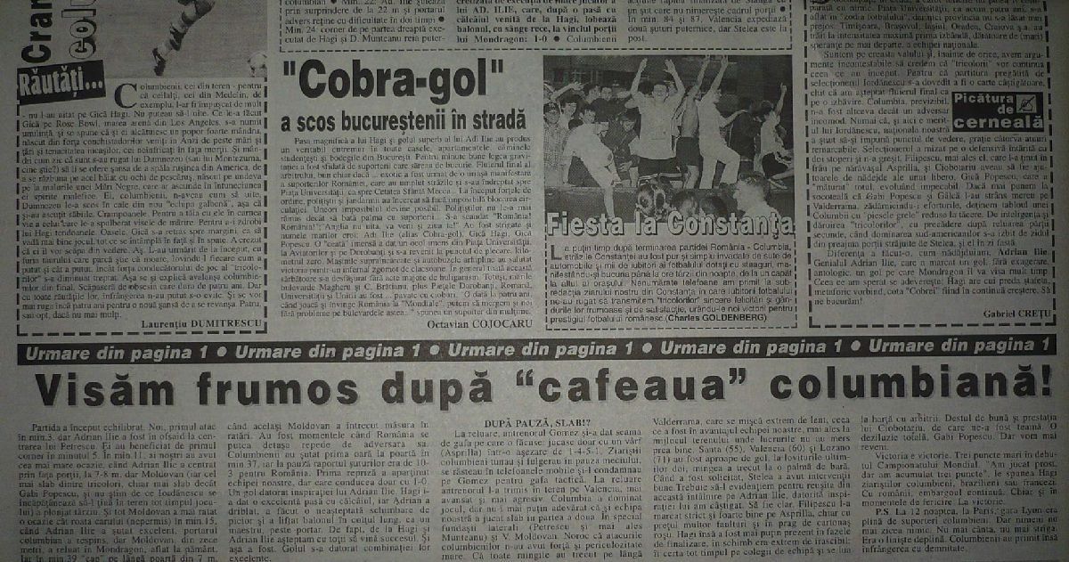 „Sunt puternici acești români” » Ce scria presa din România după ce „tricolorii” au învins Columbia în '98. Editorial critic al lui Păunescu: „Naționala a luptat mai degrabă cu compatrioții”