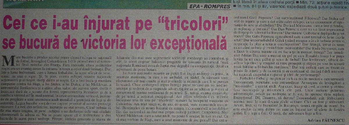 Ce scria Gazeta Sporturilor după victoria României în fața Columbiei de la Coupe du Monde '98