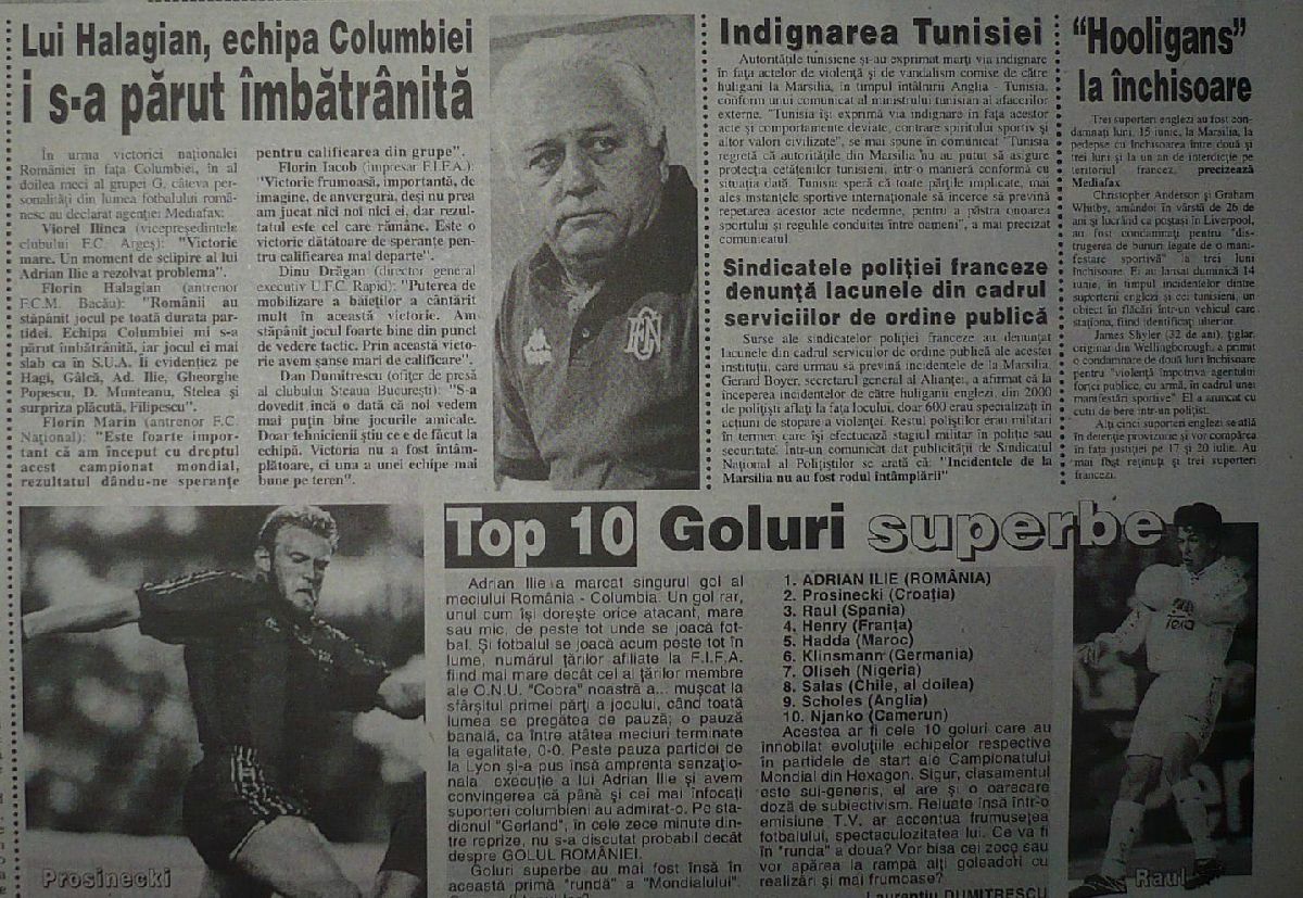 „Sunt puternici acești români” » Ce scria presa din România după ce „tricolorii” au învins Columbia în '98. Editorial critic al lui Păunescu: „Naționala a luptat mai degrabă cu compatrioții”