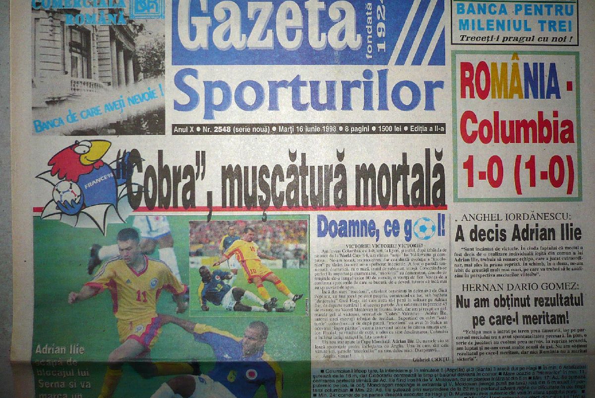 „Sunt puternici acești români” » Ce scria presa din România după ce „tricolorii” au învins Columbia în '98. Editorial critic al lui Păunescu: „Naționala a luptat mai degrabă cu compatrioții”