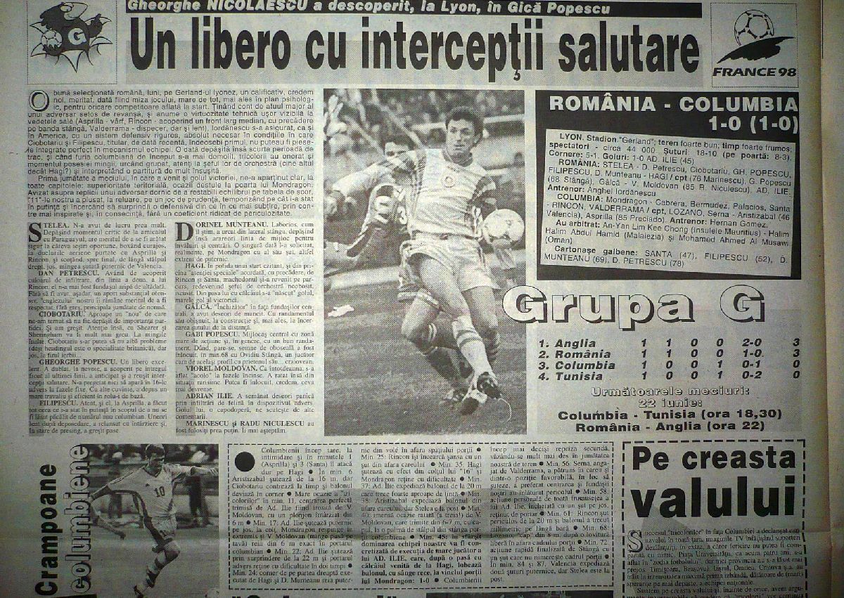 „Sunt puternici acești români” » Ce scria presa din România după ce „tricolorii” au învins Columbia în '98. Editorial critic al lui Păunescu: „Naționala a luptat mai degrabă cu compatrioții”