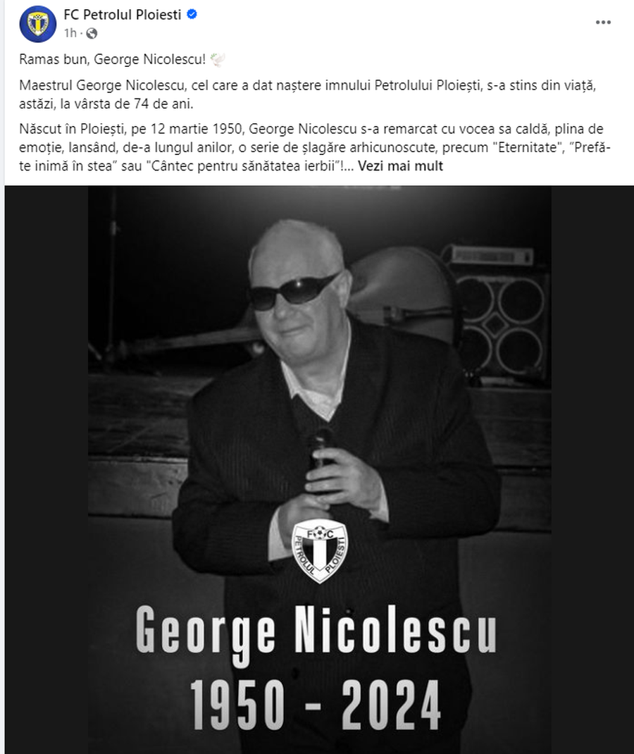 Maestrul George Nicolescu, compozitorul imnurilor celor de la FCSB, Petrolul și Gloria Buzău, a decedat
