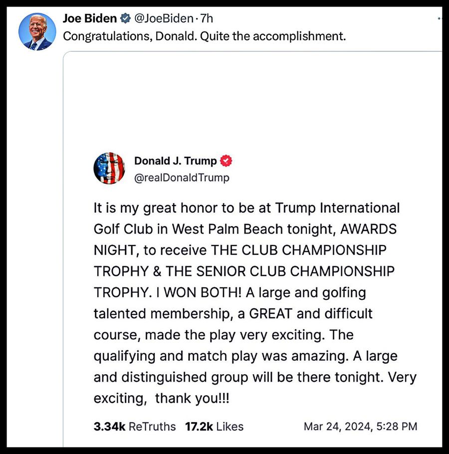 Joe Biden a râs de Trump, care s-a felicitat după o victorie la golf: „Ce realizare”