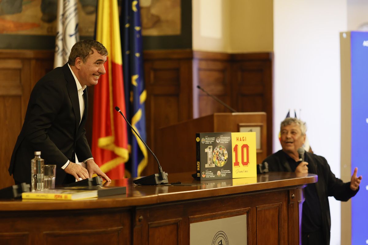 Gică Hagi și-a lansat cartea autobiografică: „Am iubit mingea. După aceea, familia!” » Lucescu a stârnit hohote de râs în Aula de la ASE: „Când a sărit la ăla, știi cum a zburat în cameră?”