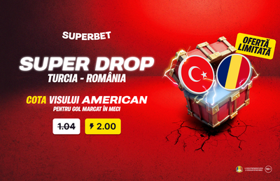 Super Drop marca Superbet: cotă 2.00 pe gol marcat în Turcia - România!