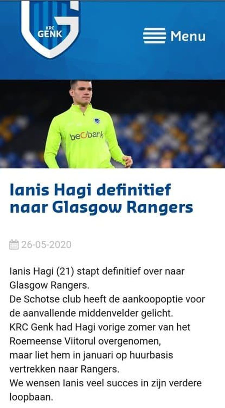 Genk a anunțat că Ianis Hagi a semnat pe 5 ani cu Rangers, apoi a șters știrea de pe site!