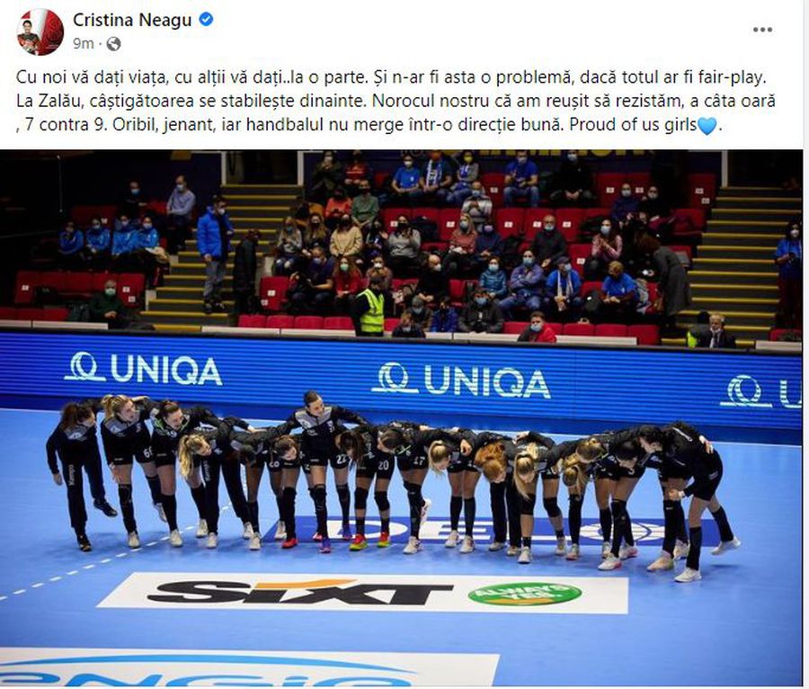 FOTO: Facebook @Cristina Neagu Cristina Neagu lansează acuzații de blat la adresa Rapidului și a lui Tadici: „Câștigătoarea se stabilește dinainte aici. Oribil, jenant!”
