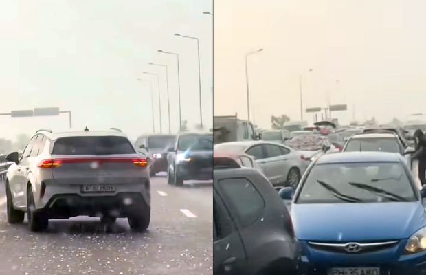 Panică pe A3 București - Ploiești: șoferii au întors pe autostradă și au mers pe contrasens ca să scape de grindină