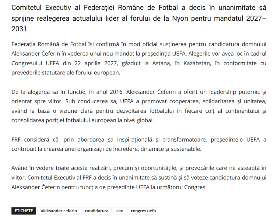 Comunicatul FRF de astăzi, 26 mai Tocmai l-au dat de gol pe Ceferin?! » FRF, anunț surprinzător în privința șefului UEFA