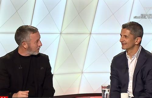 Mihai Stoica (stânga) și Răzvan Lucescu (dreapta), în studioul Prima Sport