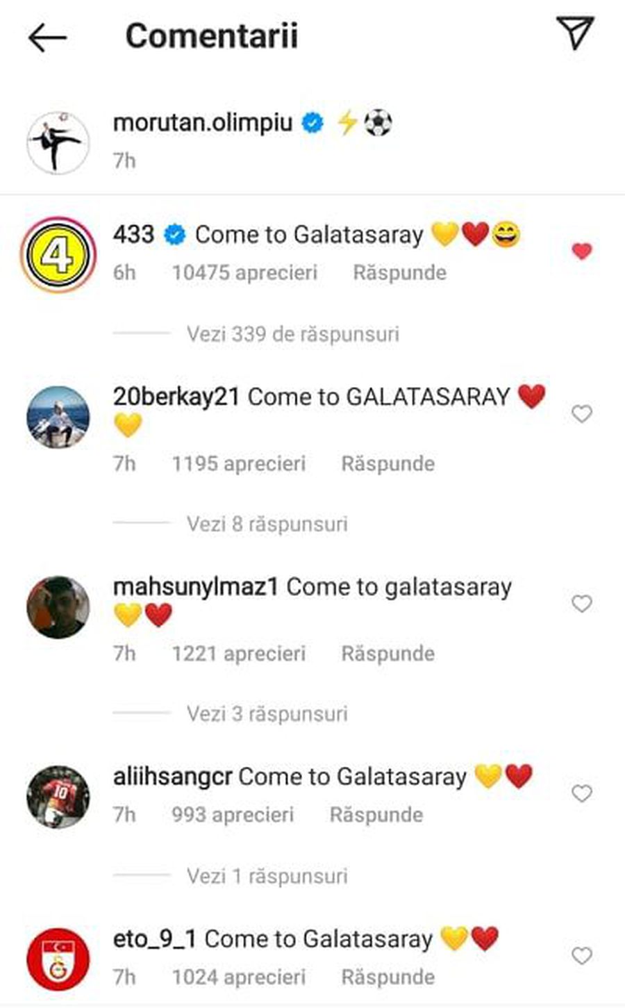 Olimpiu Moruțan este dorit de suporteri la Galatasaray // foto: Instagram „Come to Galatasaray” » Olimpiu Moruțan, „asaltat” de fanii Galatei în social media
