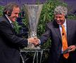 Președintele UEFA, Michel Platini (stânga) se salută cu Mircea Lucescu (dreapta), antrenorul lui Șahtior Donețk. Hamburg, Germania, 13 aprilie 2010.