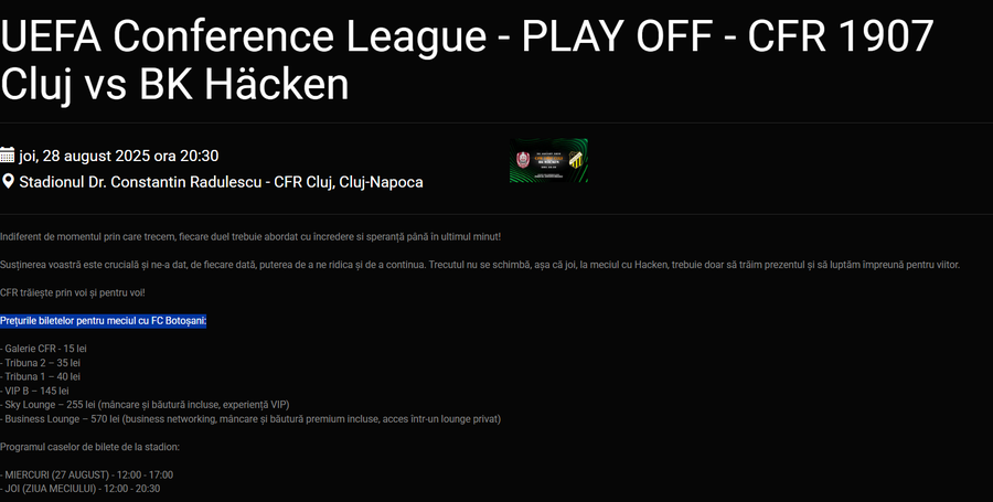 Anunțul despre bilete de pe site-ul celor de la CFR Cluj Postarea prin care CFR Cluj a reușit să-i enerveze la culme pe suporteri » Detaliul observat