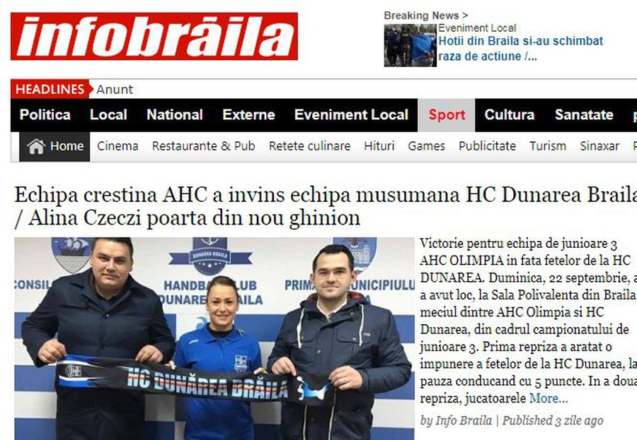 Derapaj xenofob la un meci de handbal de junioare: „Echipa creștină AHC a învins echipa musulmană HC Dunărea Brăila” » Reacția celui care a scris: „Cu ce am greșit?”