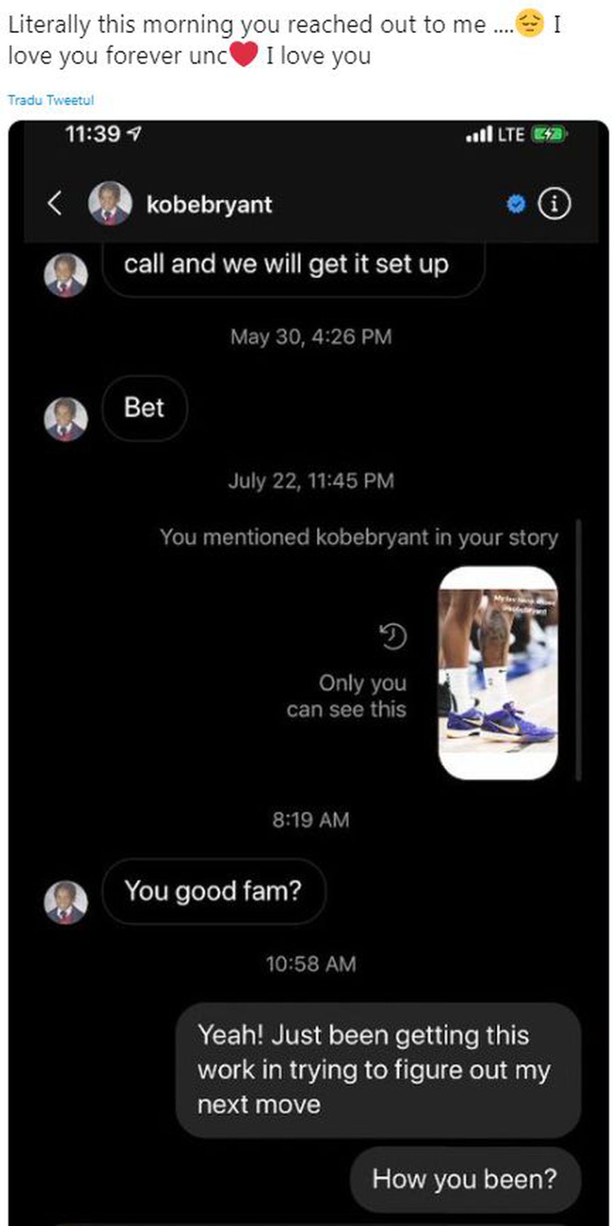 Ultimul mesaj trimis de Kobe Bryant înainte să moară! Vorbea cu fiul unei legende și n-a mai apucat să vadă răspunsul