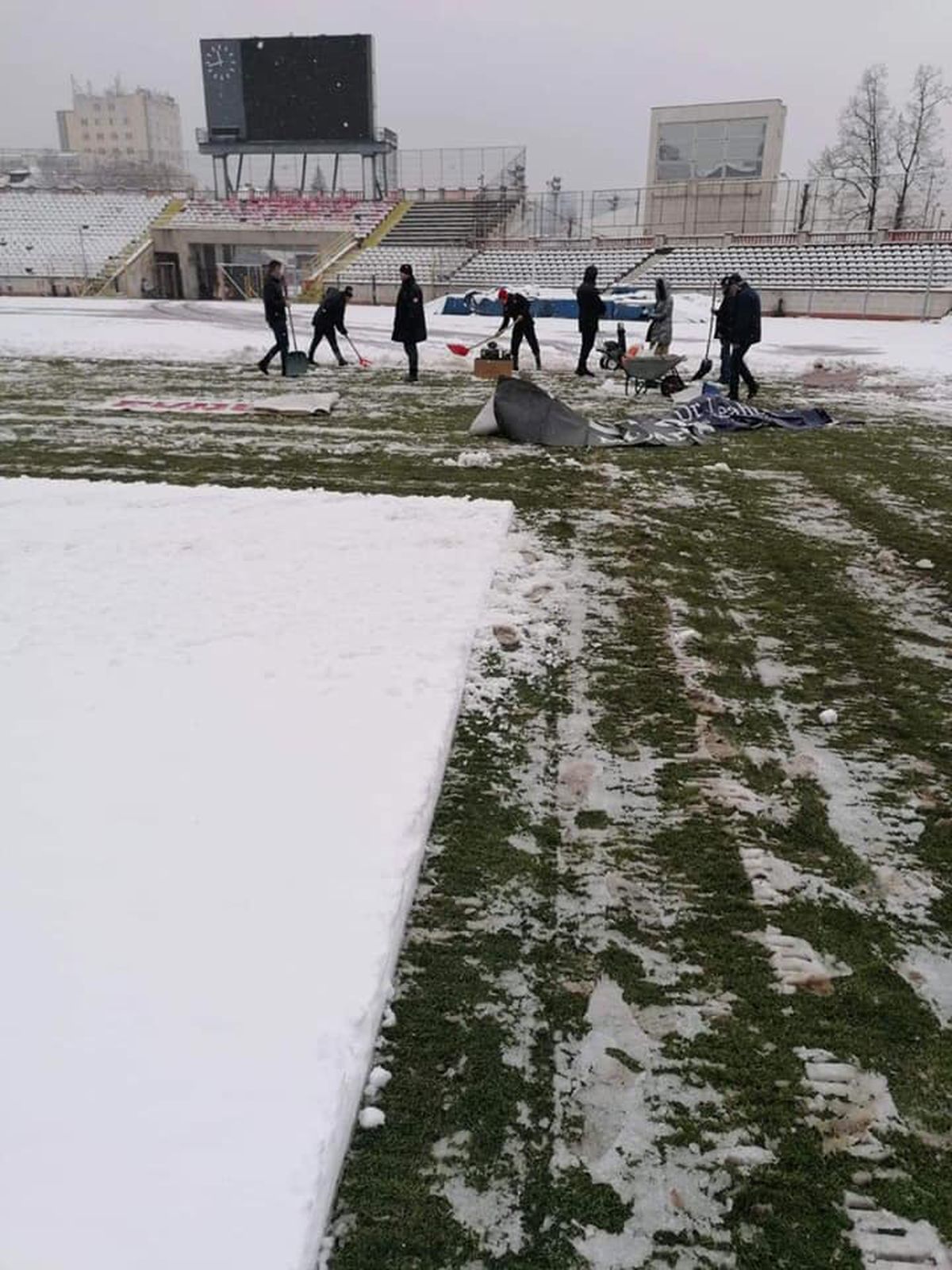 UPDATE / VIDEO. Suporterii și reprezentanții clubului Dinamo au curățat terenul de zăpadă » Cum arată gazonul