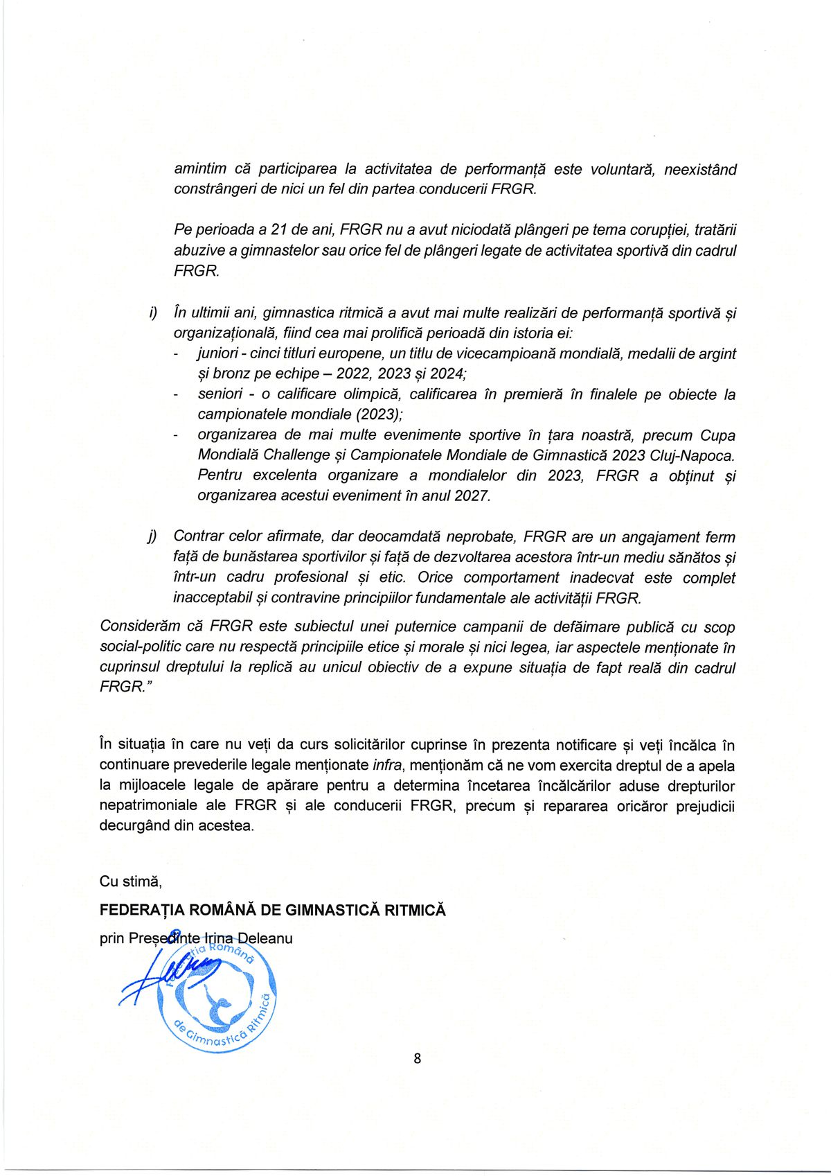 Comunicat FR Gimnastică Ritmică