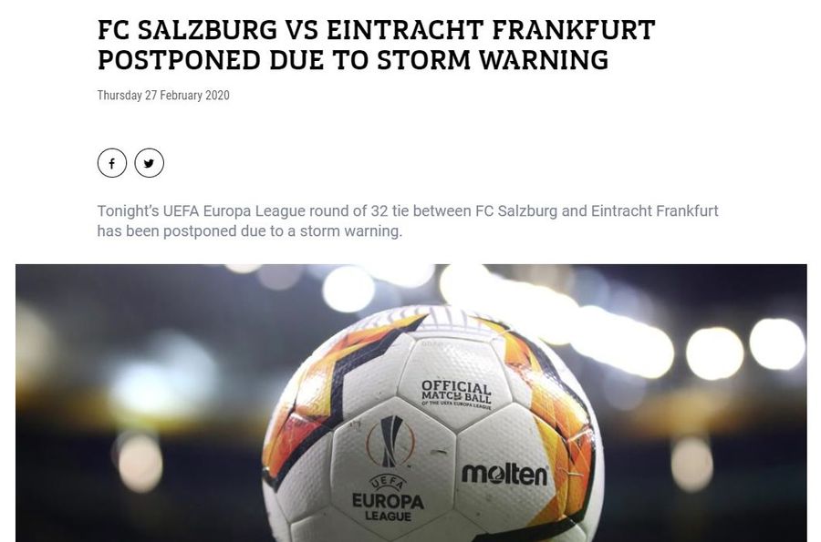 EUROPA LEAGUE. FC Salzburg - Eintracht Frankfurt, amânat de UEFA din cauza condițiilor meteo severe